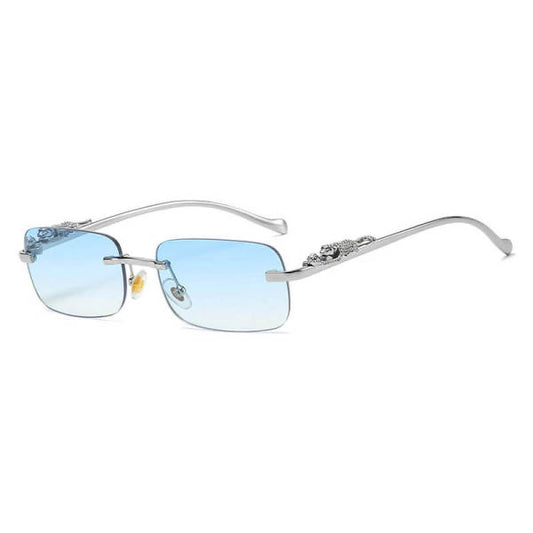 Rimless with cheetah engravement sunglasses-  blue tint silver frame