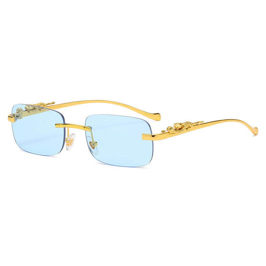 Rimless with cheetah engravement sunglasses-  blue tint gold frame