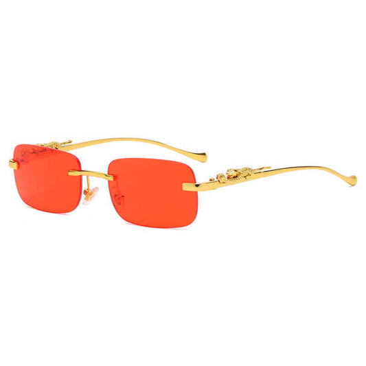 Rimless with cheetah engravement sunglasses- red tint gold frame