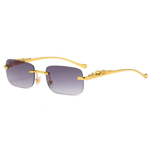 Rimless cheetah engraved Polarized sunglasses- black tint gold frame