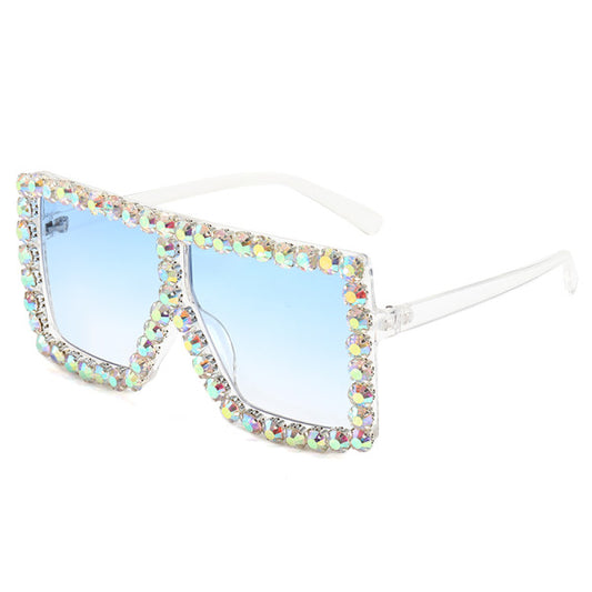 Flat top bling Polarized sunglasses light blue iridescent stones
