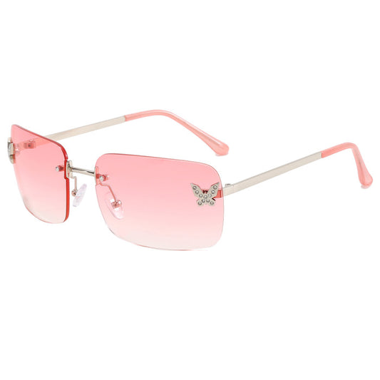 Butterfly rhinestone rimless sunglasses- pink