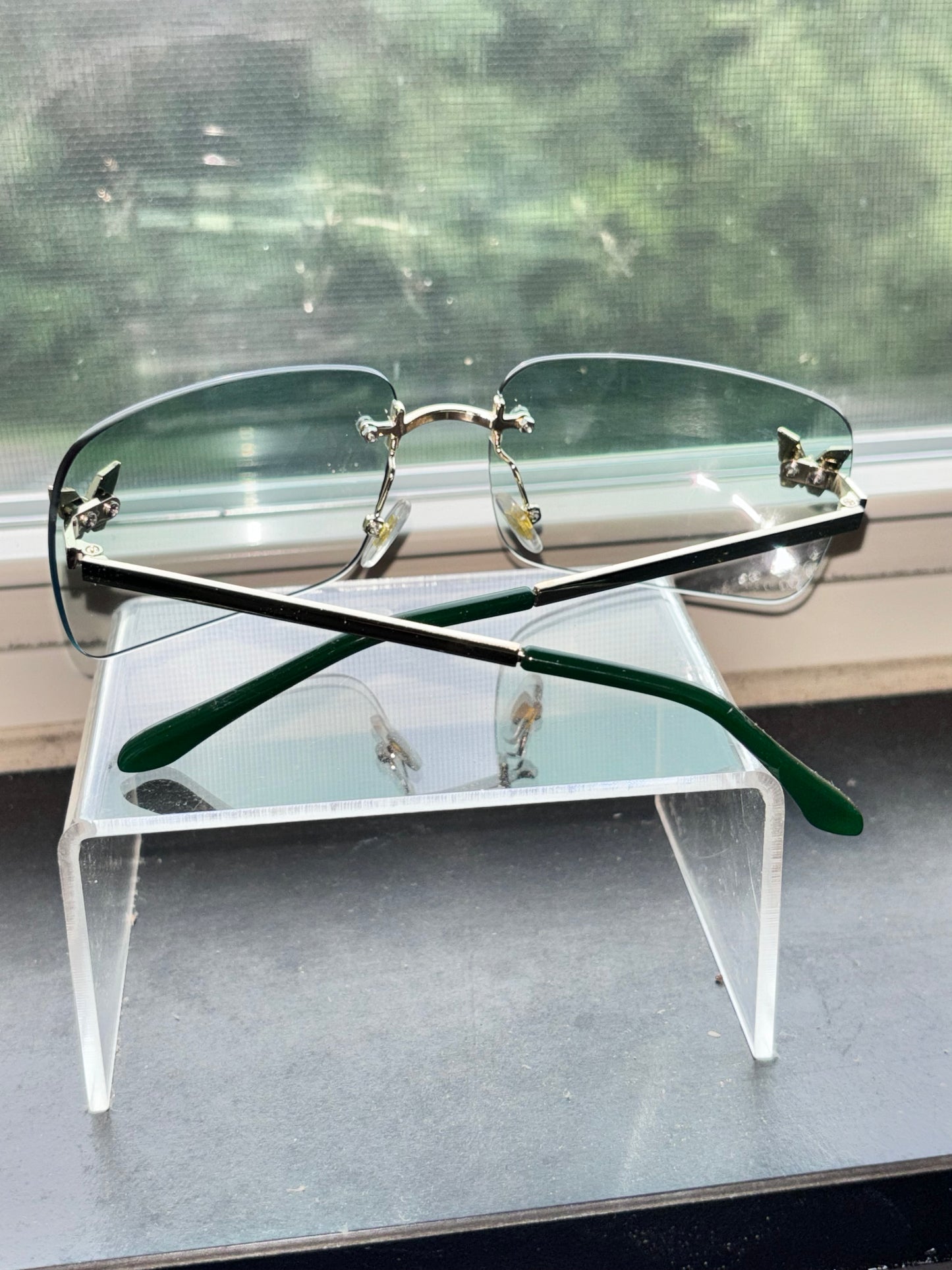 Butterfly rhinestone rimless sunglasses- green