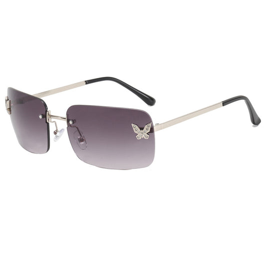 Butterfly rhinestone rimless sunglasses- black