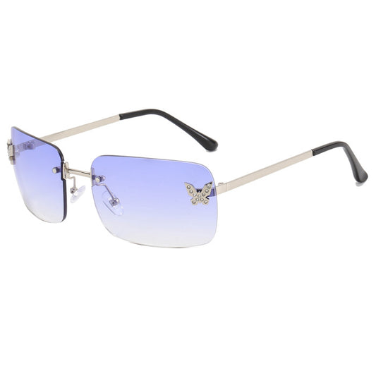 Butterfly rhinestone rimless sunglasses- blue