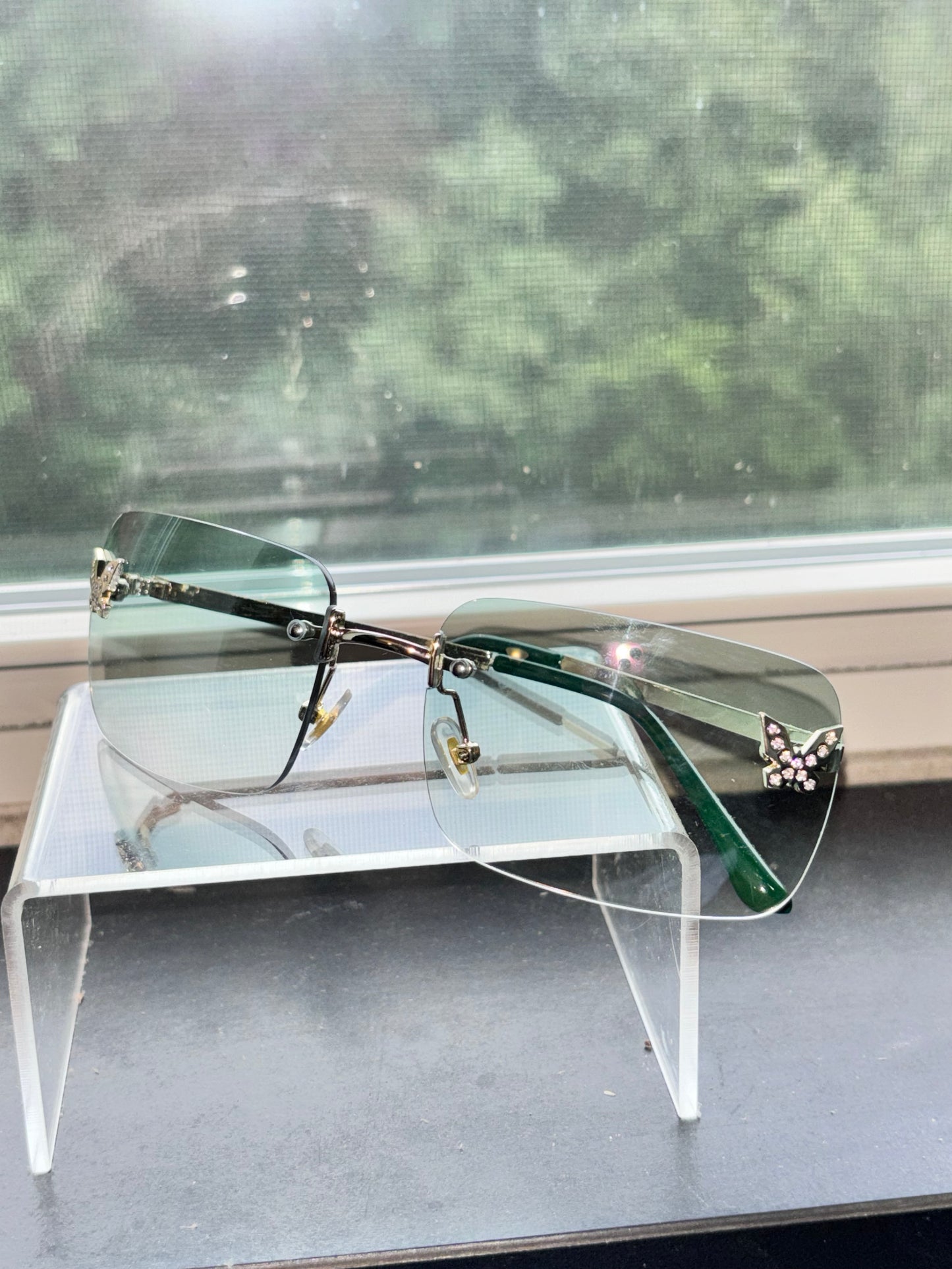 Butterfly rhinestone rimless sunglasses- green