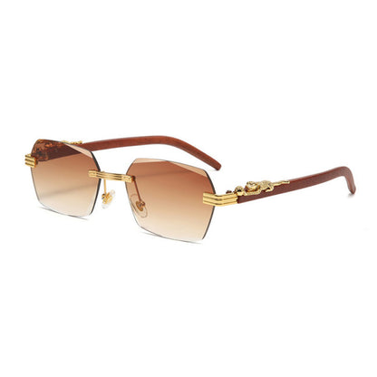 Faux Wood Rectangle rimless sunglasses-  brown