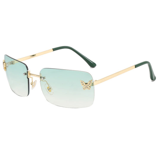 Butterfly rhinestone rimless sunglasses- green