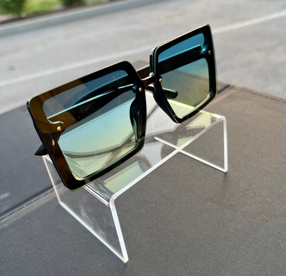 Oversized Box Frame Multicolor Sunglasses- green/blue